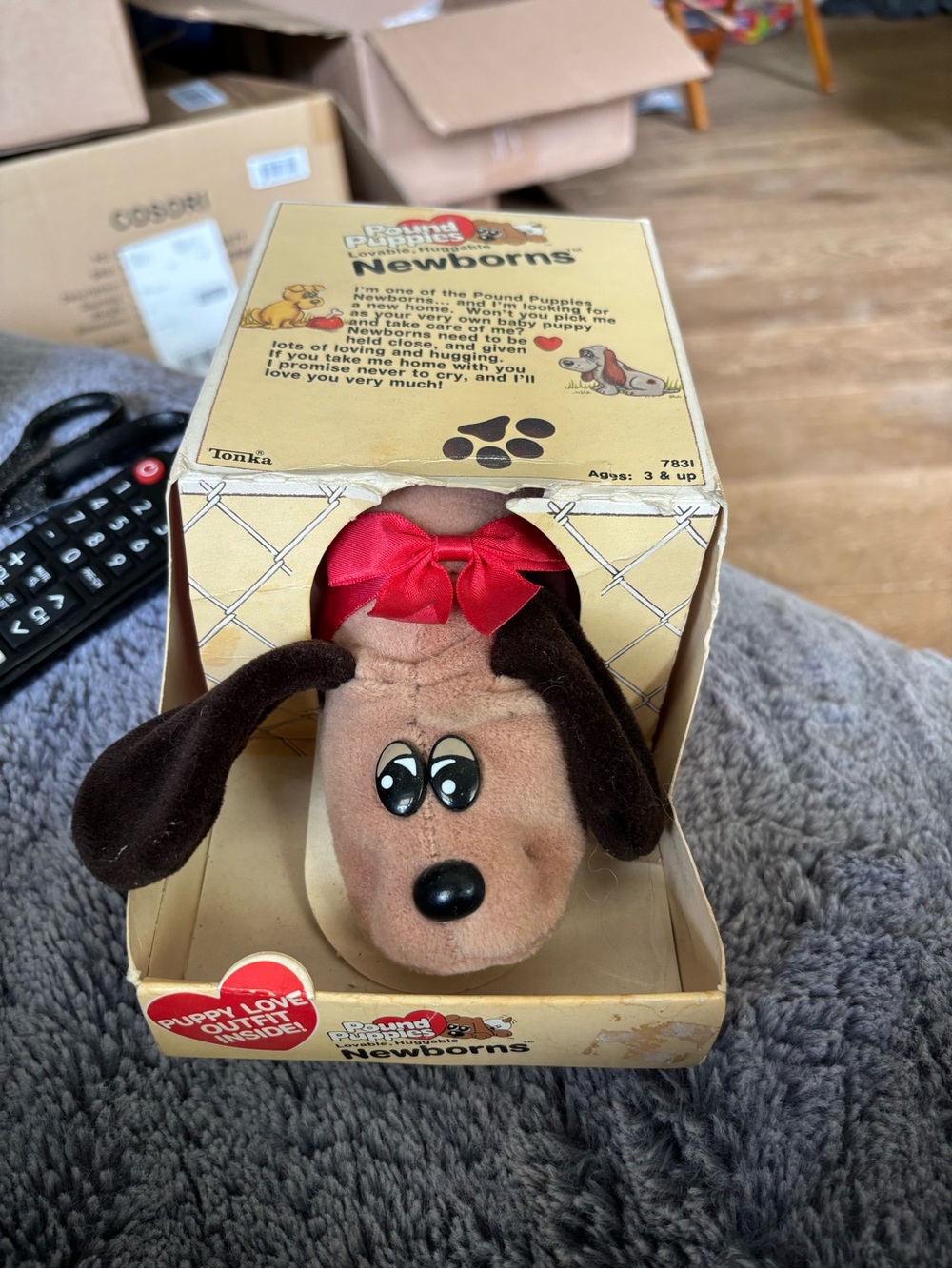 Tonka Plush Puppy Toy - Brown with Dark Brown Ears and Red Bow POUND PUPPY